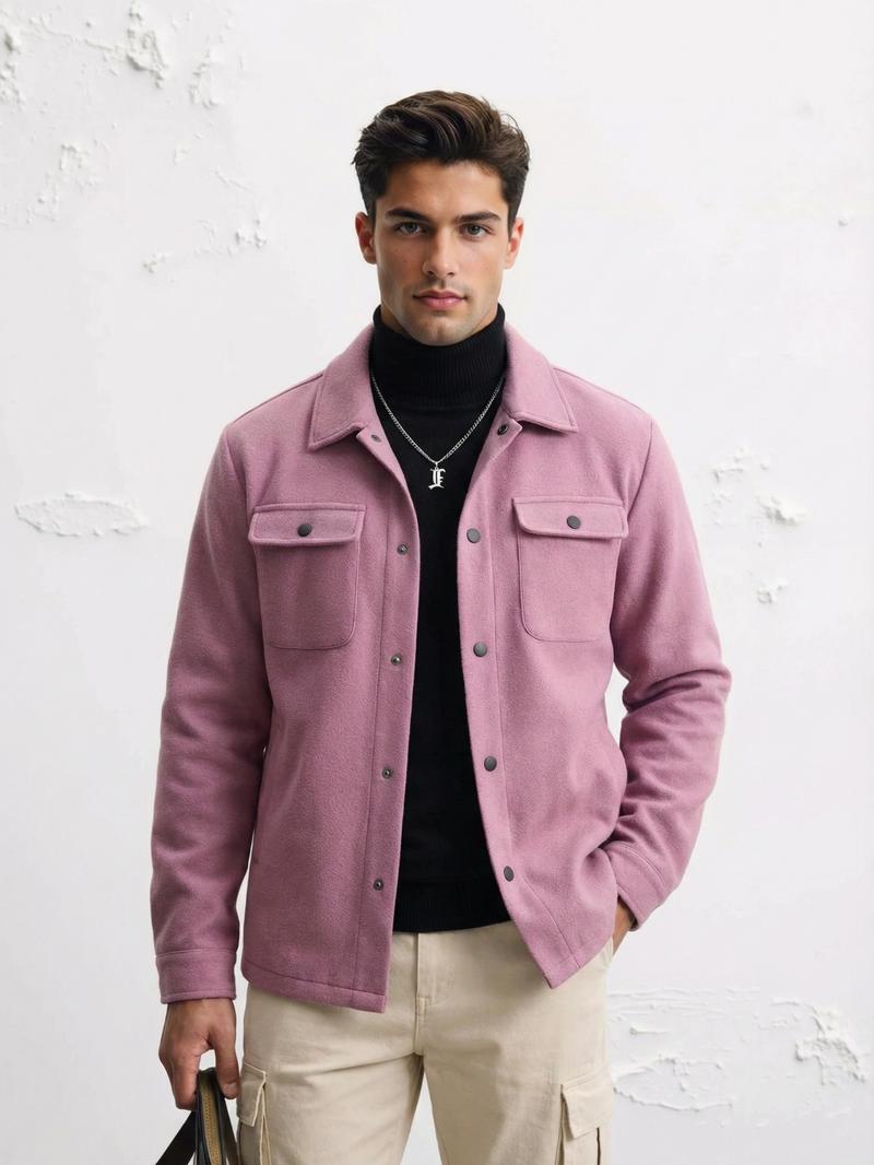 Men's Button Front Pocket Jacket, Casual Collared Long Sleeve Outerwear for Fall & Winter, Men's Going Out Outfit for Daily Wear