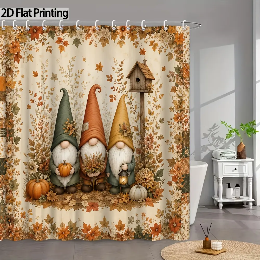 1 piece gnome pattern shower curtain with 12 hooks - Vintage farmhouse style bathroom curtain for bathtubs, floral patchwork design with 3 gnomes, machine washable, free hooks for country home decor