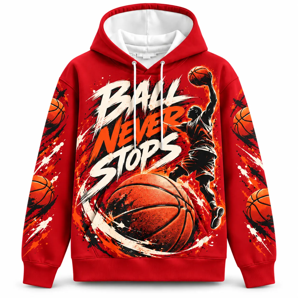 Basketball Graphic Pullover Hoodie, Ball Never Stops Print Sweatshirt with Oversized Basketball and Player Artwork, Distressed Streetwear Design on Front, Back and Sleeves, Long Sleeve Hooded Top for Game Day, Casual Fall Outfits and Basketball Fan Gifts