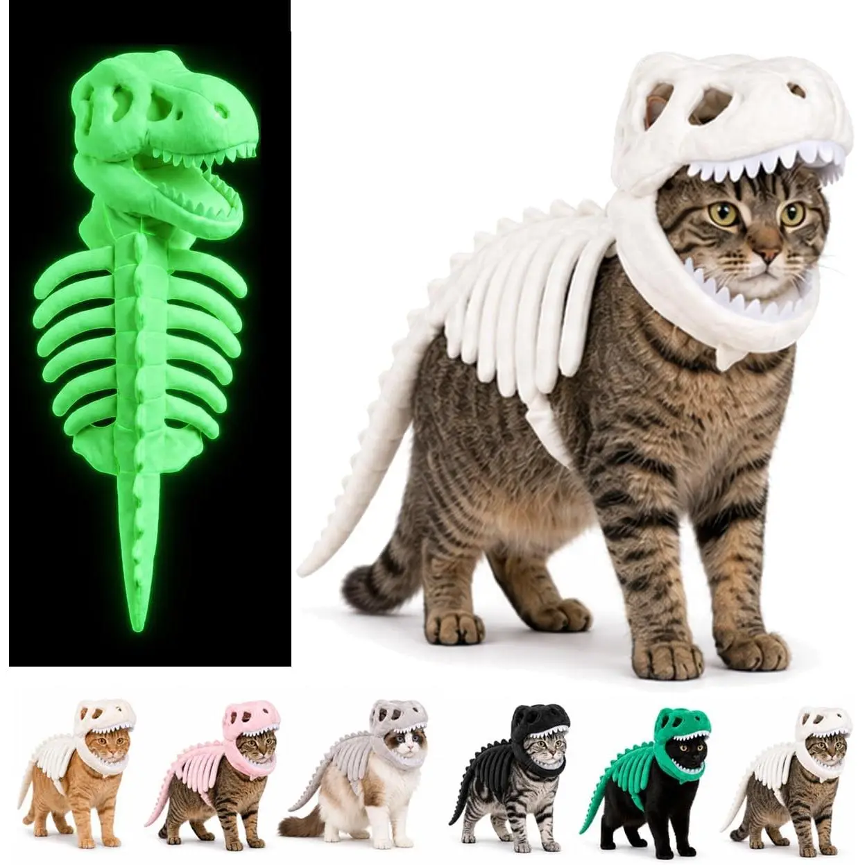 Halloween Glow in the Dark Tyrannosaurus Rex Skeleton Pet Costume Soft Plush Cat and Small Dog Dress Up Outfit Ideal for Themed Parties Cosplay Events