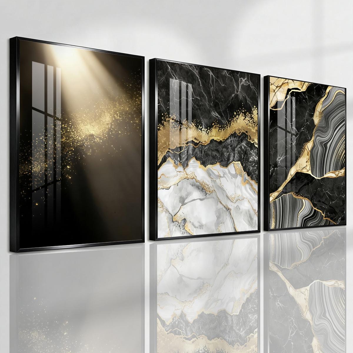 3 Counts Aluminum Alloy Framed Painting, Abstract Black Gold Marble Texture Pictures, Home Decoration For Living Room, Bedroom, Office, Restaurant, Hallway Wall Decor, Odorless Print Artwork, Luxury Perfect Gift For Friends And Family