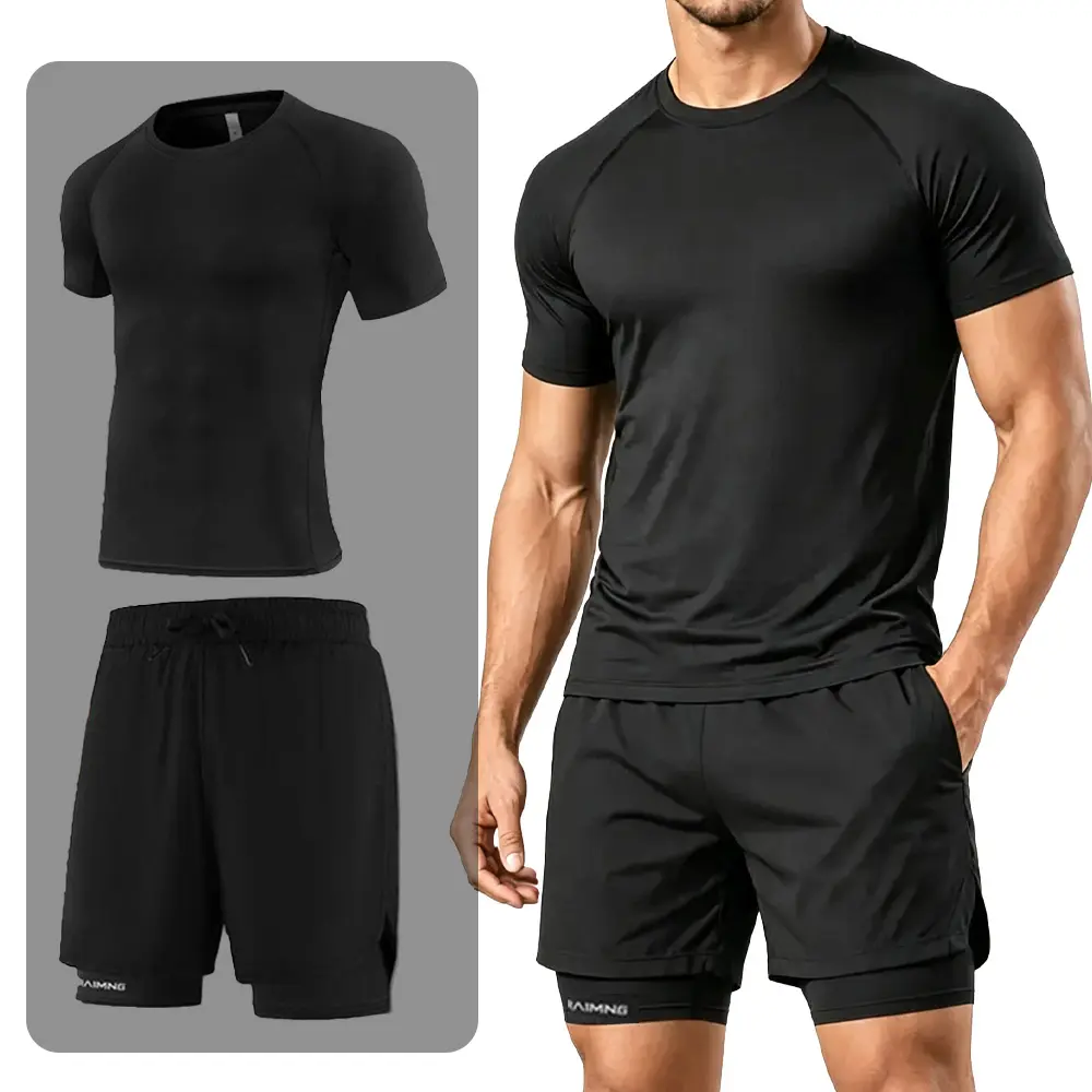 Men's 2-Piece Compression Quick-Dry Tracksuit Set, Slim-Fit Short-Sleeve Athletic T-Shirt + Shorts, Lightweight Breathable Sport Outfit for Gym, Running shapewear waist trainer body shape