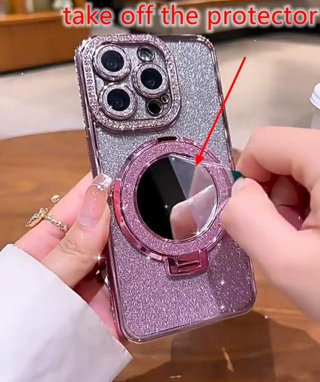 Mirror Kickstand Glitter Diamond Case for iPhone 16 15 14 13 12 11 Pro Max,Magnetic Stand Holder,Camera Lens Protector, Rhinesetone Bing Cover Case