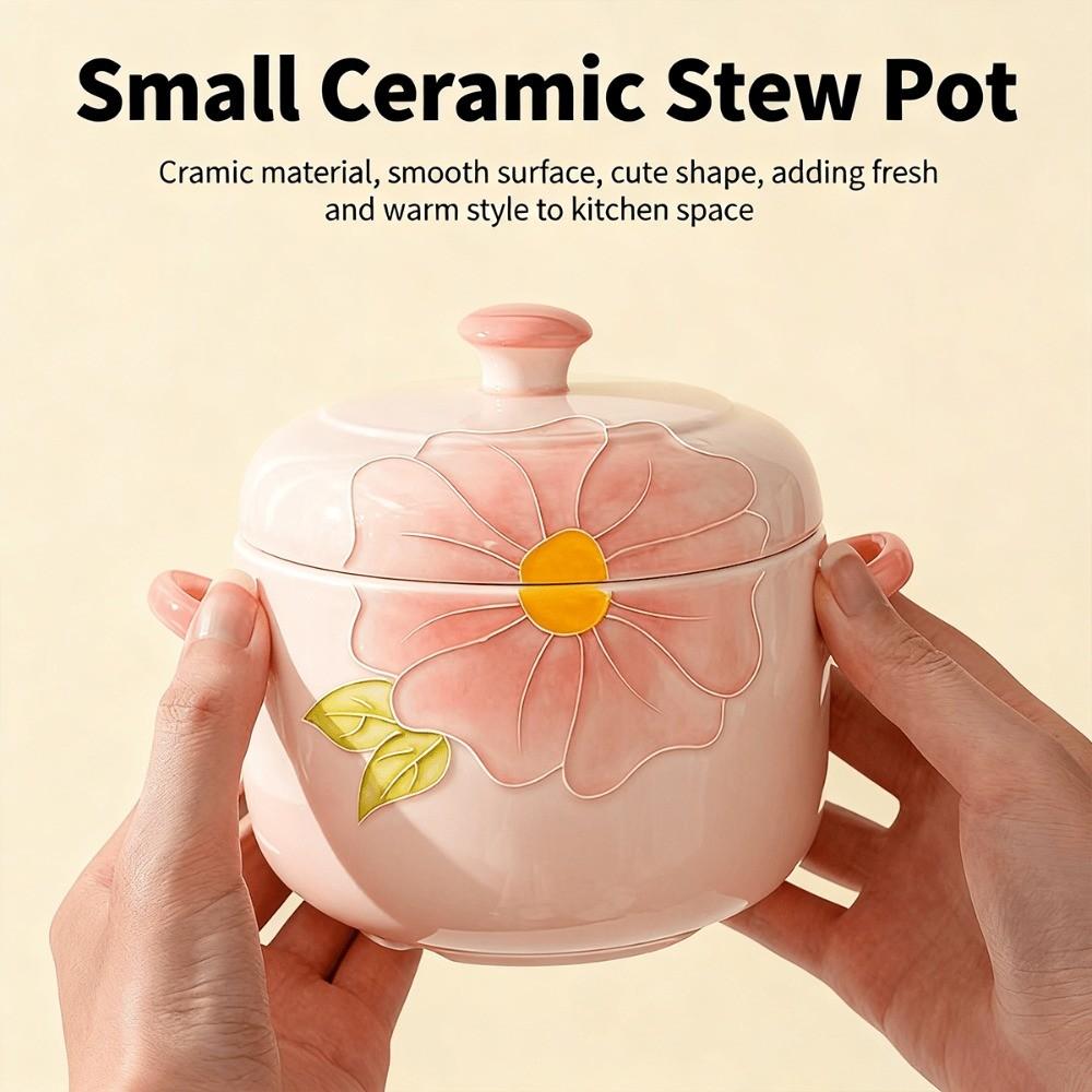 Cherry Blossom Pattern Ceramic Covered Steamer Pot, Food Steamer, 600ML Capacity, Elegant Dual Lid Soup Bowl, Ideal Gift for Kitchen and Restaurants