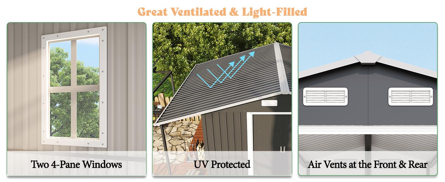 [Ships in Multiple Boxes]  VanAcc Outdoor Storage Shed with Two 4-Pane Windows Sliding Doors, Open Outdoor Shed for Wood Storage, Dark Grey/White