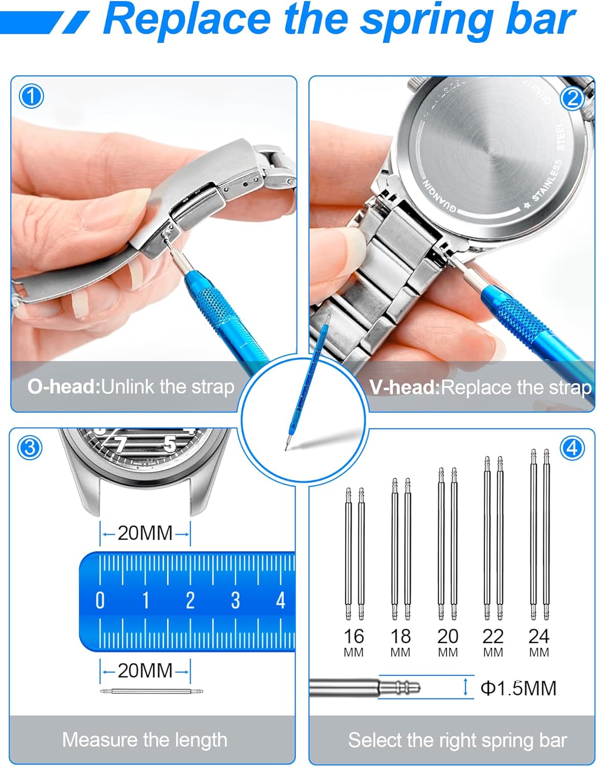 JOREST Watch Repair Tool Kit for Battery Replacement, Strap Adjustment Resizing, Watch Link Pin Remover, Watch Opening, Pry Knife Case Opener for Watch Back Removal, with Watch Hammer, Spring Bars