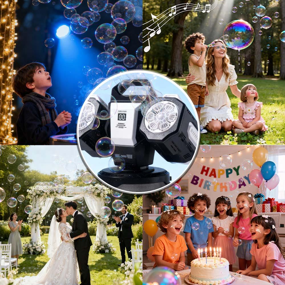 Dual Head Remote Bubble Machine, RGB Atmosphere Light, Rechargeable, 360° Auto Rotation, 30000 Bubbles Per Minute, Wedding Party Outdoor Use