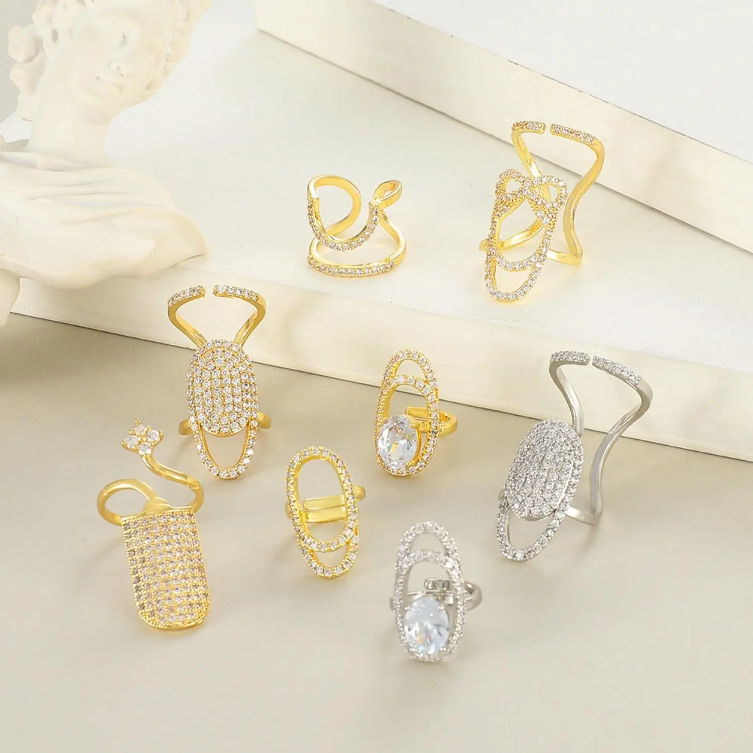6Pcs Rhinestone Nail Rings Adjustable Open Finger Nail Guards Sparkling Enamel Nail Art Rings Elegant Metal Nail Decor Rings Fashion Jewelry for Women