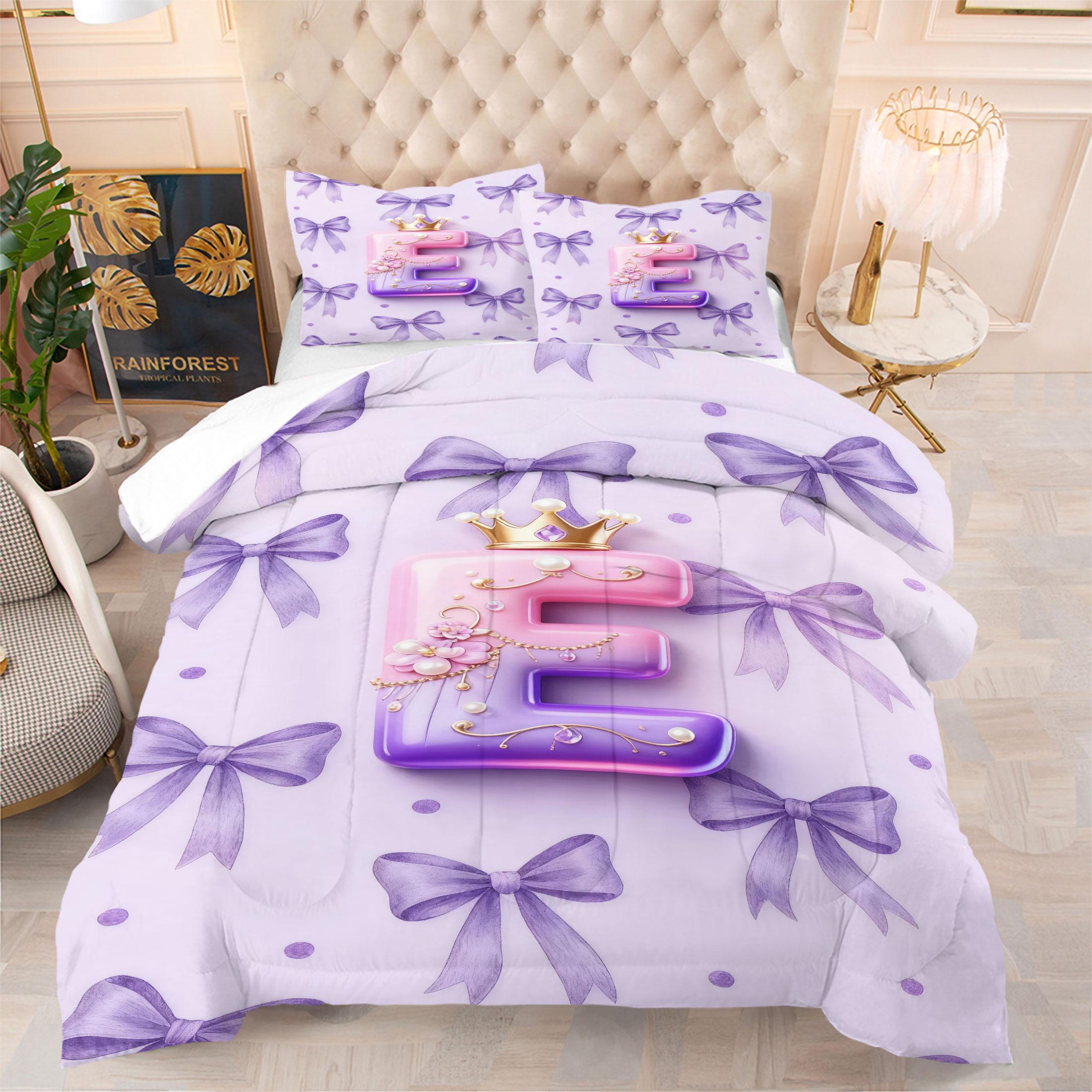 Bow Pattern Comforter Set, 3D Crown Letter Print Comfy Bedding Set, Fashion Princess Style Design, Soft and Comfortable Microfiber Material, Perfect for Girls Teenage Room Decor Home Decorating Kit, No Filler Included