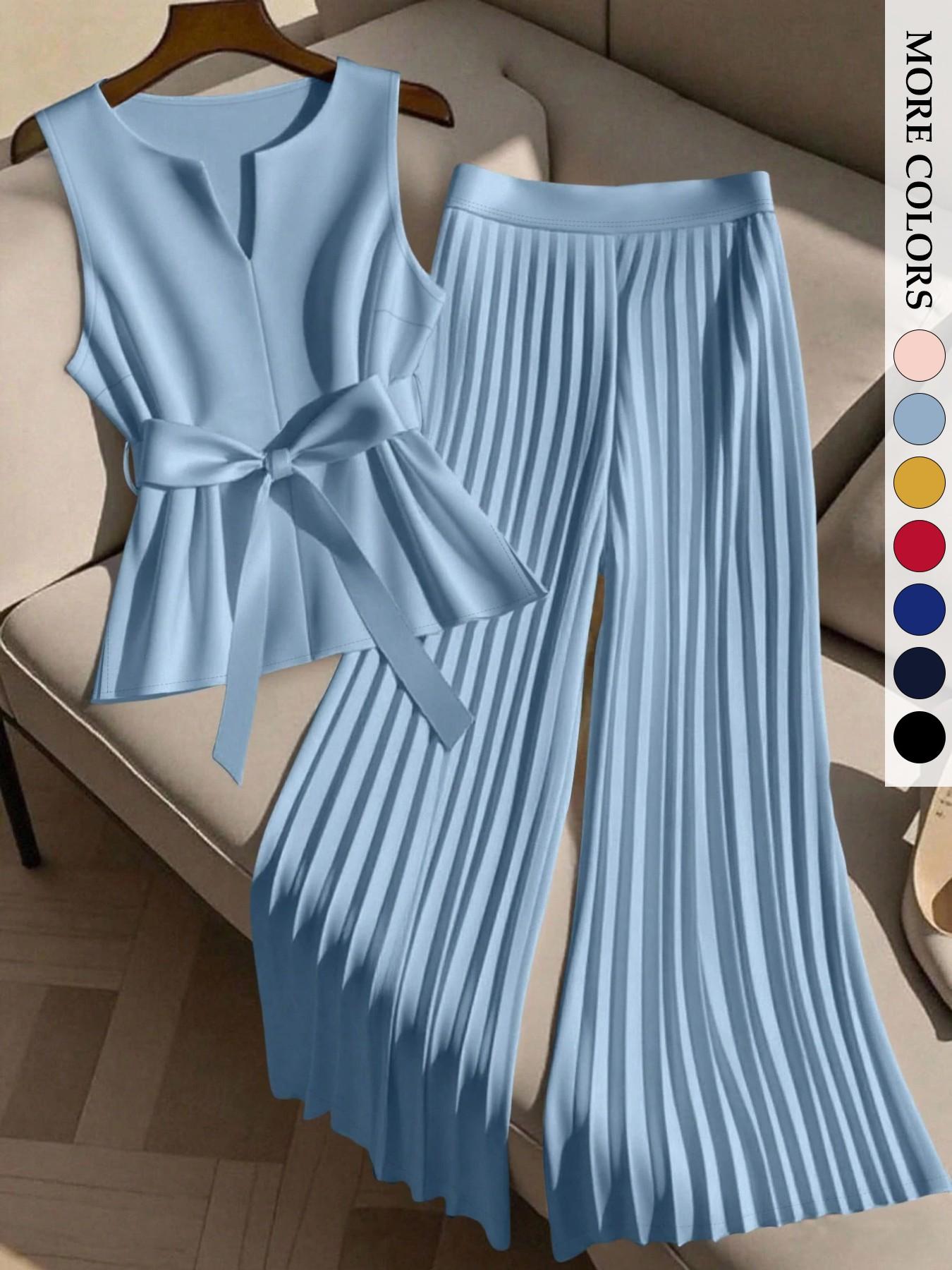 Women's Plus Size Trendy Chic Fashion 2 Piece Outfit, Sleeveless Top & Pleated Wide Leg Pants Set, Tie Waist V-Neck Plisse Flowy Elegant Office Workwear