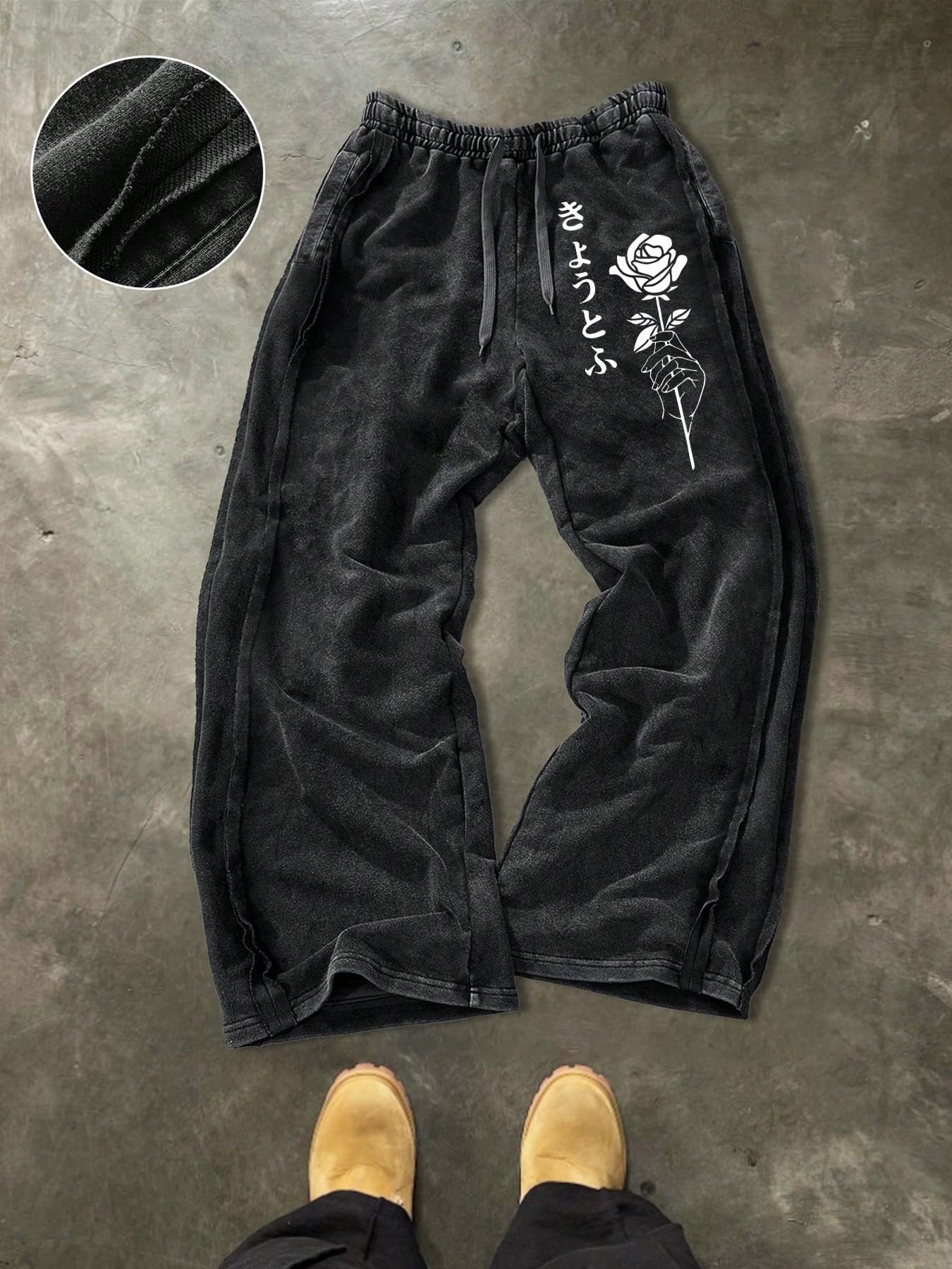 Men's Casual Cotton Sport Pants, Rose Print, Ankle Length, Drawstring Waist, Street Style, All Seasons, Ideal for Outdoor & Parties