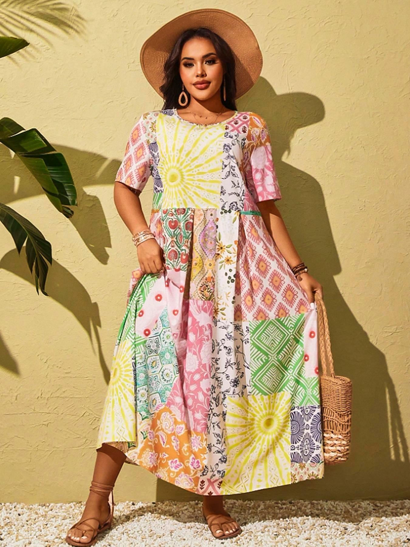 Women's Plus Size New Boho Patchwork Dress, Stylish Casual Wear, Comfortable Fit, Perfect for Daily, Spring Trendy Fashion Clothing