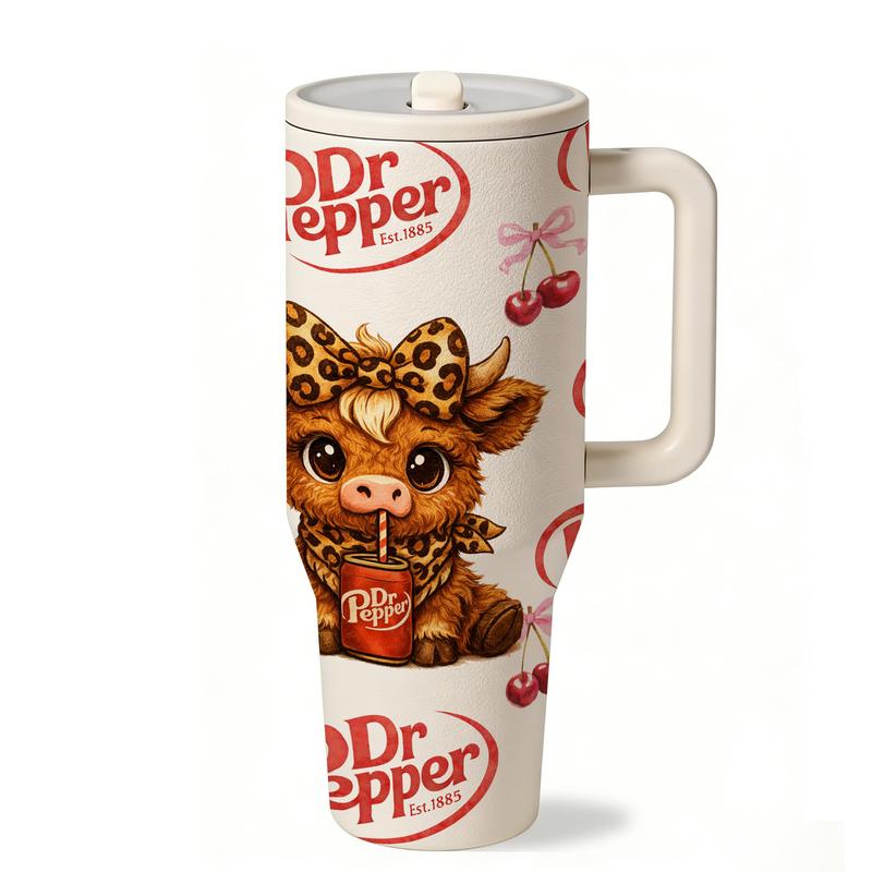 1 Pc 40oz Insulated Mug, Double Wall Vacuum Cup, Leak-Proof Skinny Thermal Mug for Hot Cold Drinks, Keeps Hot 12 Hours Cold 24 Hours, Cute Soda Highland Cattle Design Gift for Women Men, Holiday Birthday Daily Travel Office Use