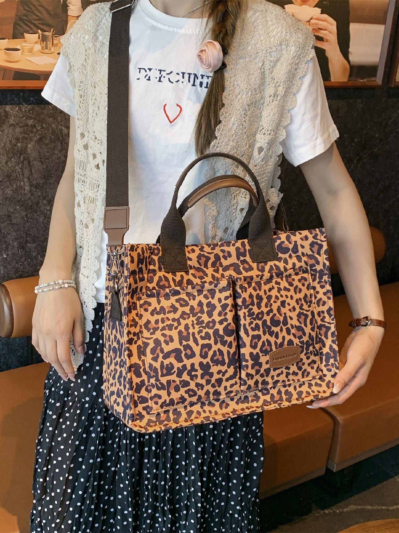 Fashion Leopard Pattern Adjustable Tote Bag, Casual Letters Patched Decor Shoulder Bag for Women, Trendy All-match Commuter Bag, Handbag Shoulder Bag