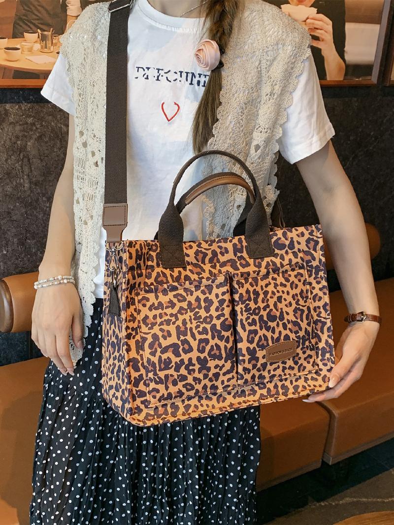 Fashion Leopard Pattern Adjustable Tote Bag, Casual Letters Patched Decor Shoulder Bag for Women, Trendy All-match Commuter Bag, Handbag Shoulder Bag