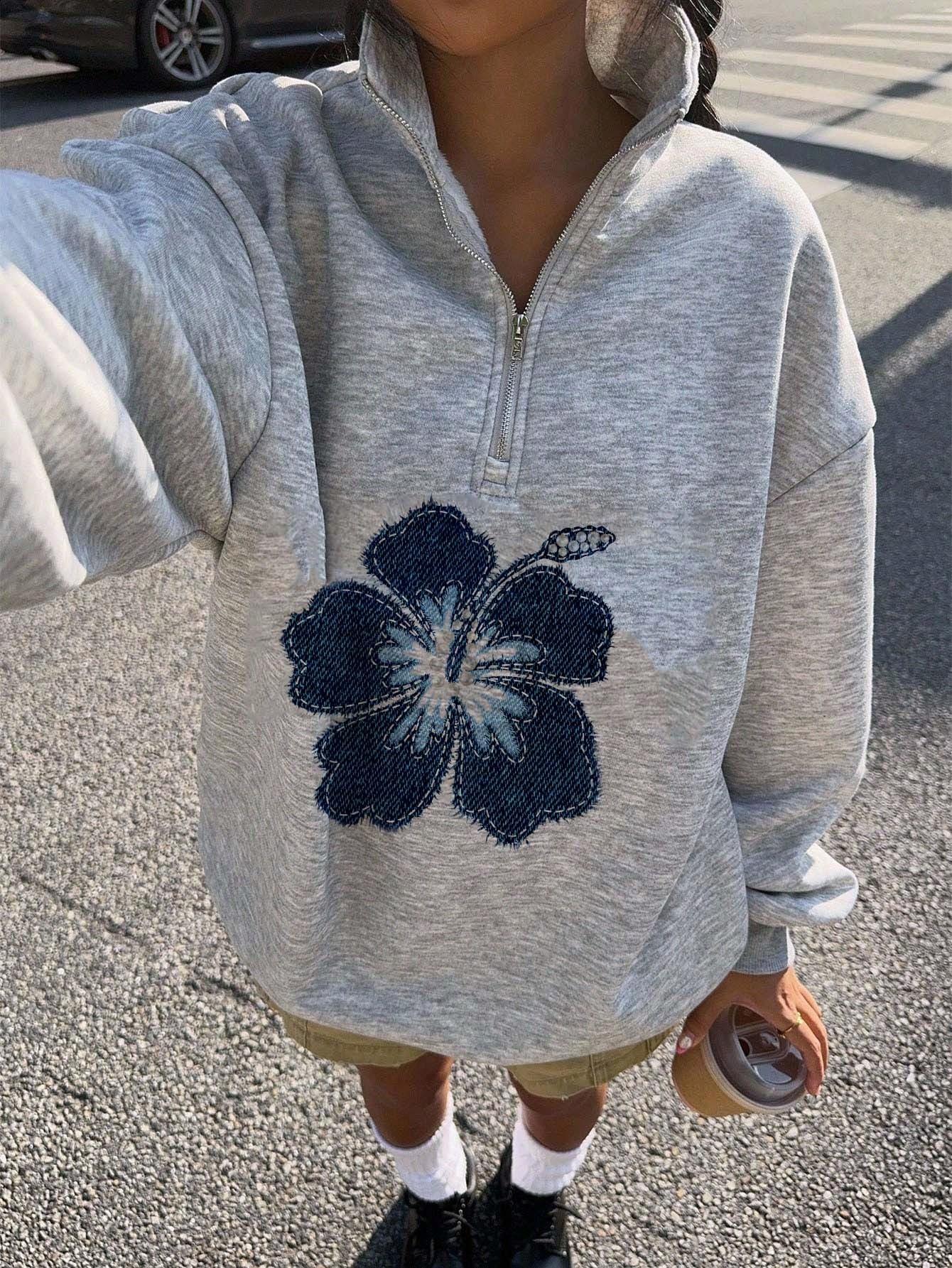 American Retro Floral Print Half-Zip Sweatshirt Hoodie, Short Waist Design, Casual Loose-Fitting, Fall & Winter Fashion, Sweet Cool Girl Vibe Style