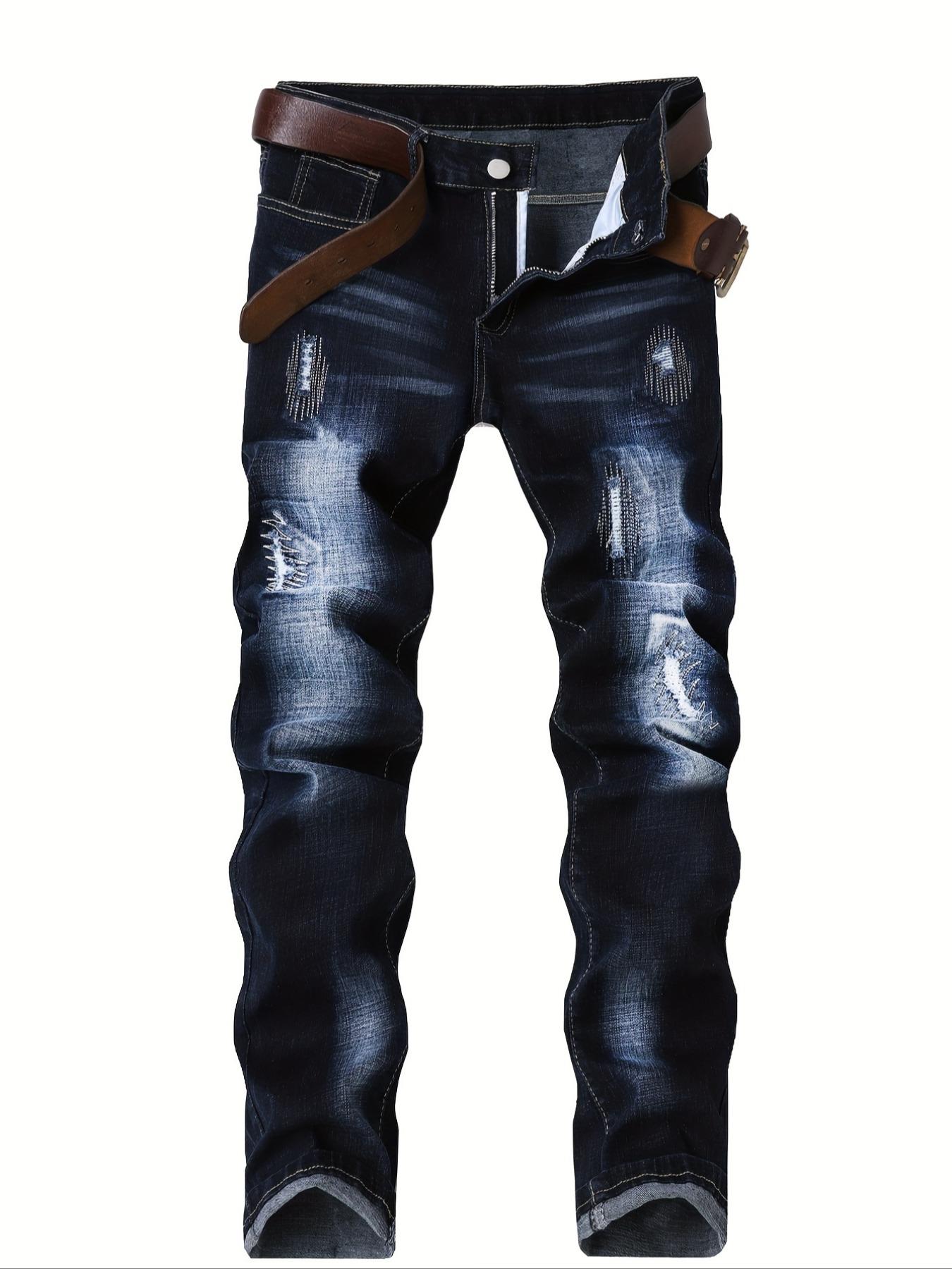 Men's Straight Leg Denim Slim Fit Jeans with Embroidery Design, Comfortable Casual Pants for Daily Wear, Stylish Fashion Bottoms Suitable All Seasons