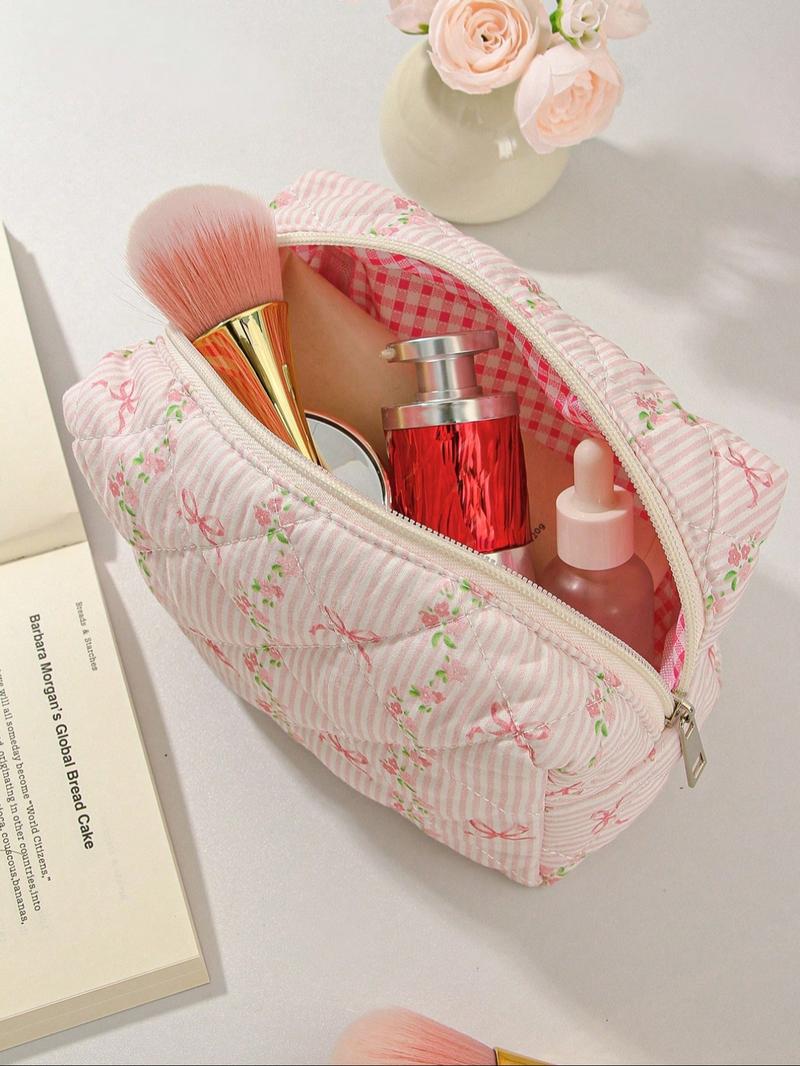 Striped & Floral Pattern Quilted Makeup Bag Set, 1 Set/ Large Capacity Portable Makeup Bag, Travel Essential Makeup Bag, Daily Makeup Bag, Makeup Storage Bag, Travel Cosmetic Bags