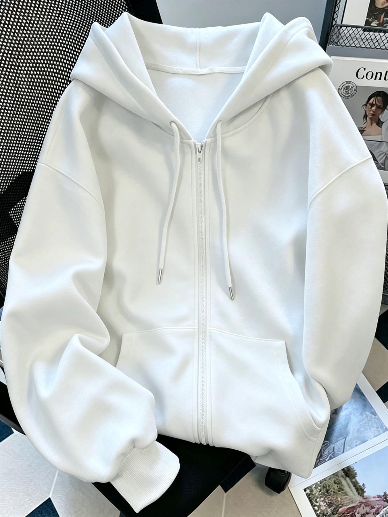 Women Solid Color Long-Sleeve Zip Up Hoodie, Oversized Loose Fit Drawstring Hooded Sweatshirt With Front Pocket, Casual Daily Streetwear, Basic Full Zip Hoodie, Casual Hooded Sweatshirts, Drawstring Hoodies