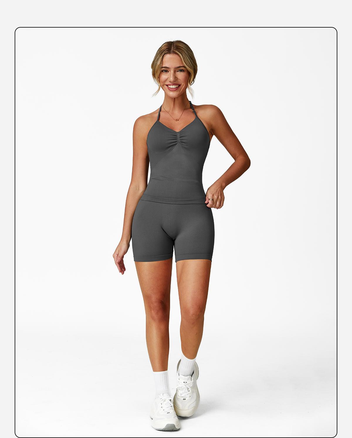 Women's Solid Color Crop Cami Top & High Waist Skinny Shorts Sportswear Set, High Stretch Casual Comfortable Breathable Backless Sleeveless Top & Gym Shorts for Yoga Gym Workout Running, Ladies Sportswear for All Seasons, Tennis Attire, Athletic Tracksuit