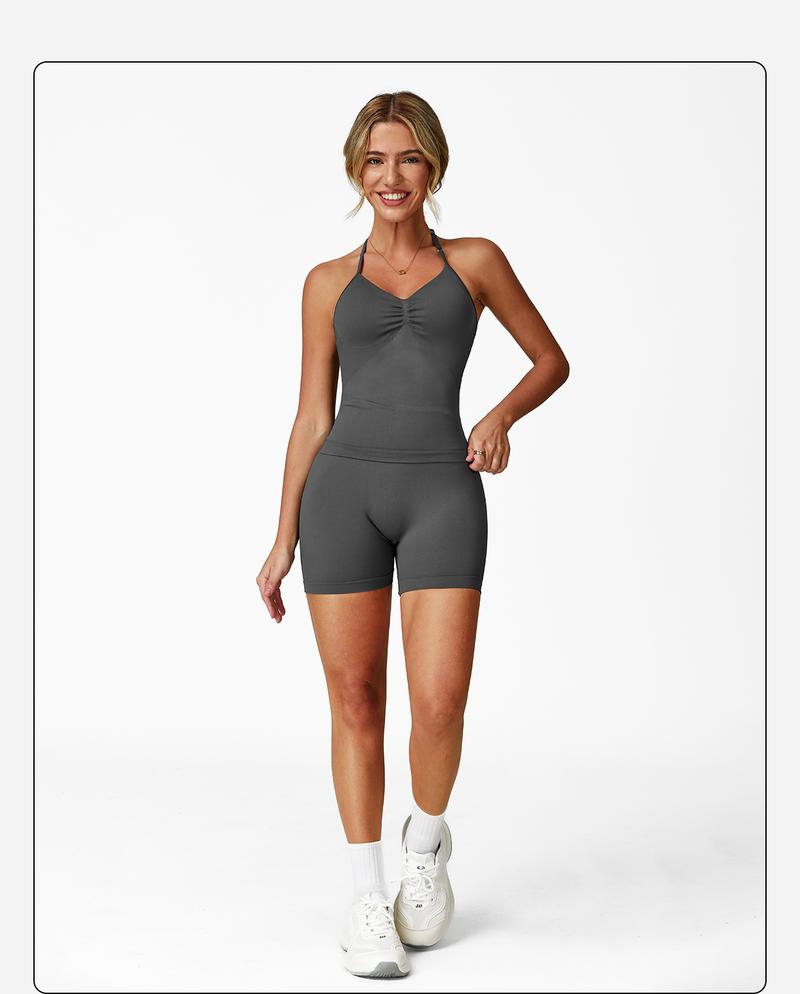 Women's Solid Color Crop Cami Top & High Waist Skinny Shorts Sportswear Set, High Stretch Casual Comfortable Breathable Backless Sleeveless Top & Gym Shorts for Yoga Gym Workout Running, Ladies Sportswear for All Seasons, Tennis Attire, Athletic Tracksuit