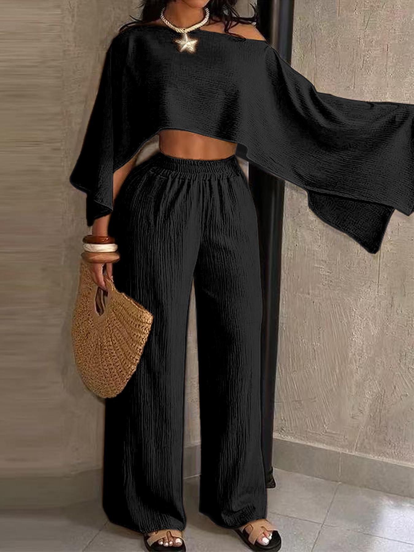Women's Fashionable Asymmetrical Neckline Top & Elastic Waist Pocket Pants Set, Fit, Elegant Casual for Beach Vacation
