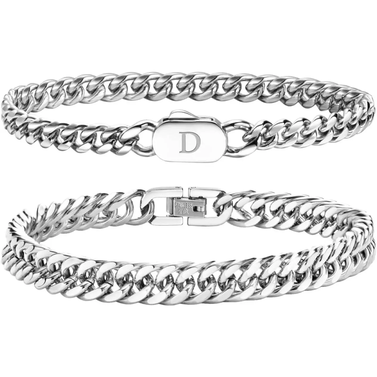 Stainless Steel Initial Bracelets for Men, 2 Pcs A-Z Letter Silver Mens Bracelet with Initial, Stylish Non Tarnish Cuban Link Chain for Boyfriend Men Jewelry Gifts,sohochic