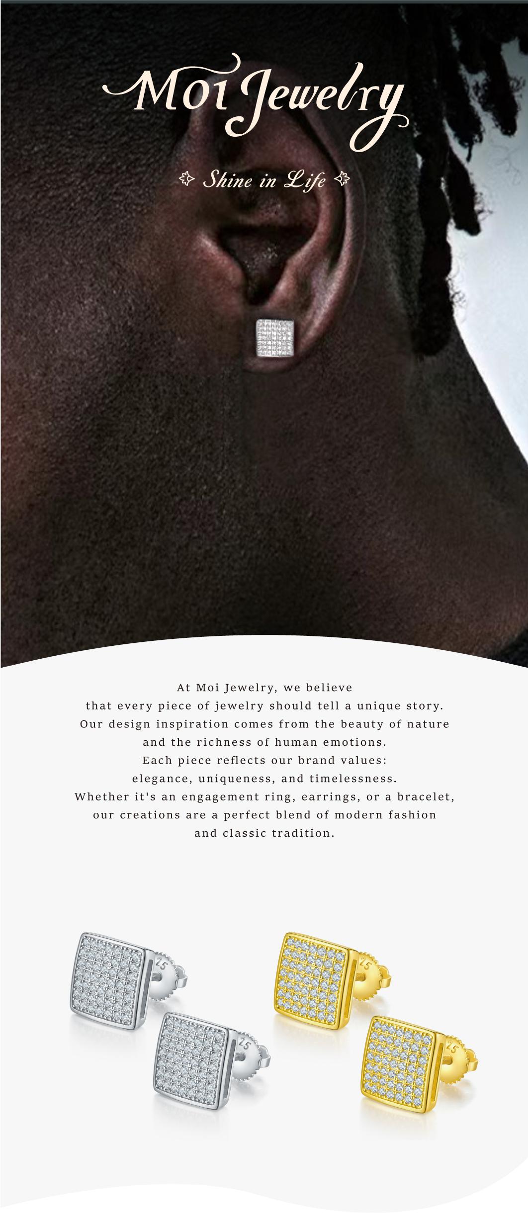 Unisex Street Hip-Hop Square Stud Earrings｜98pcs Synthetic Moissanite & 925 Sterling Silver – Bold & Bright