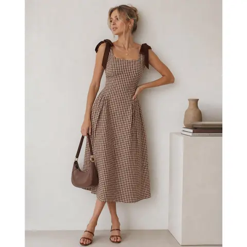 RIHOAS Women's Brown Sleeveless Shirred Plaid Midi Dress - Sweetheart Neck Casual Womens Dresses