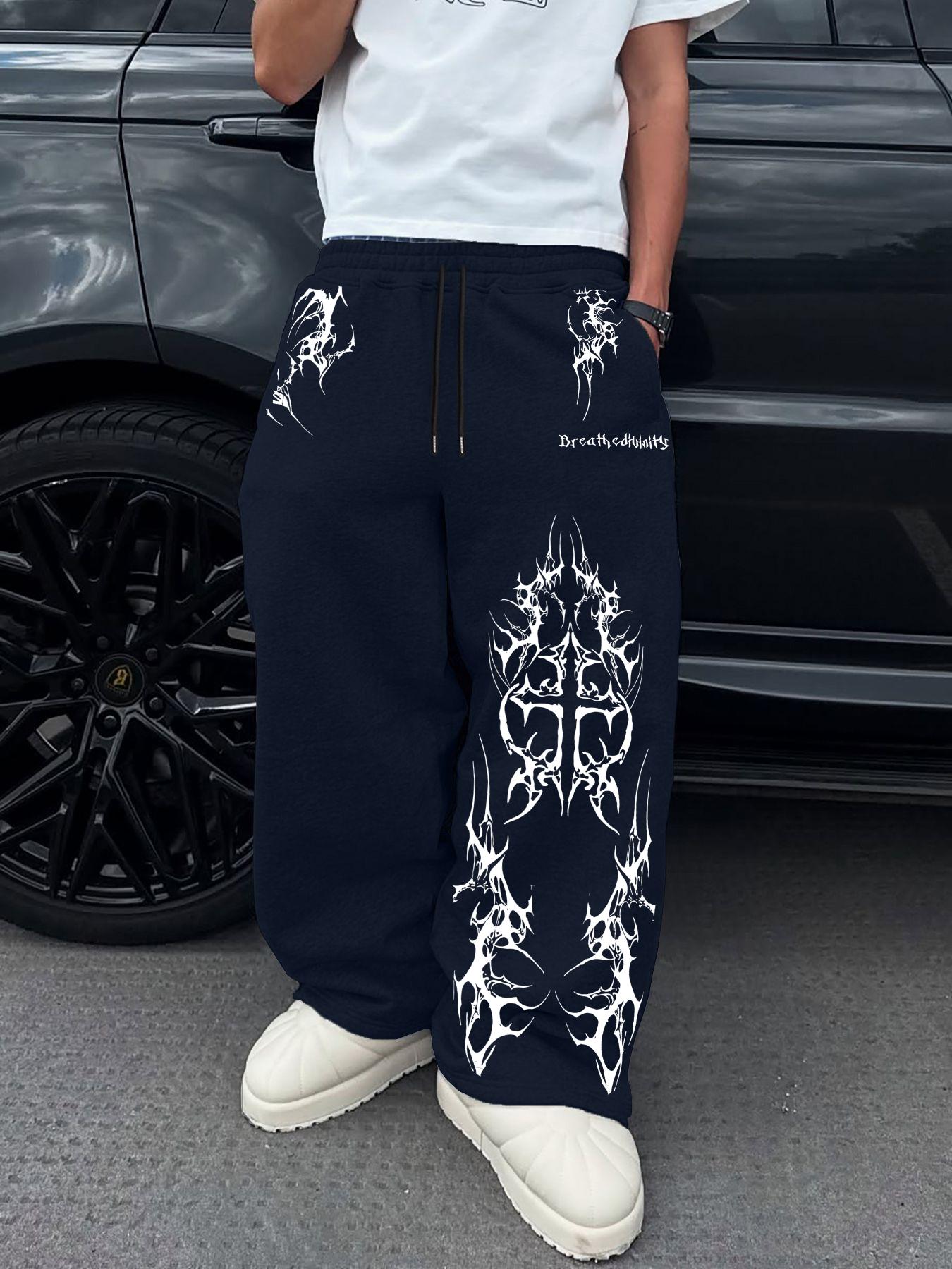 Men's Fashion Casual Sport Pants, Dark Totem Print, Cool Style, Loose Fit, Drawstring Waist, Breathable Sweat-Absorbent, Streetwear, Athletic Bottoms