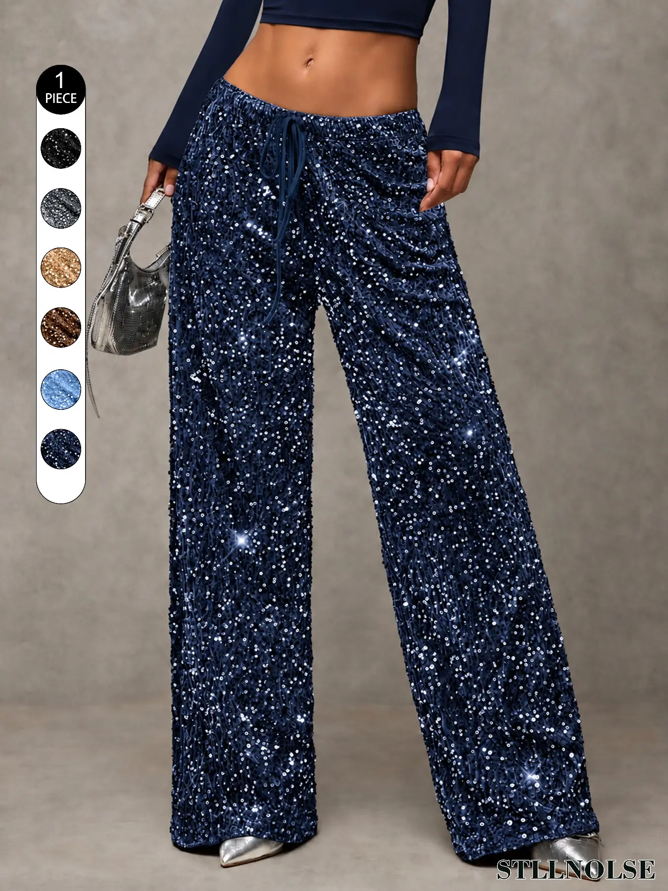 Women's Allover Sequin Wide Leg Pants, Drawstring Elastic Waist Party Trousers