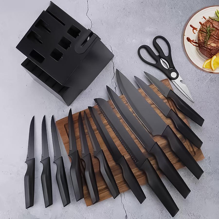 XBJ Knife Set with Knife Block, 15-Piece Rainbow Titanium Knife Block Set, Cooking Steak Knife Set with Black Handles.