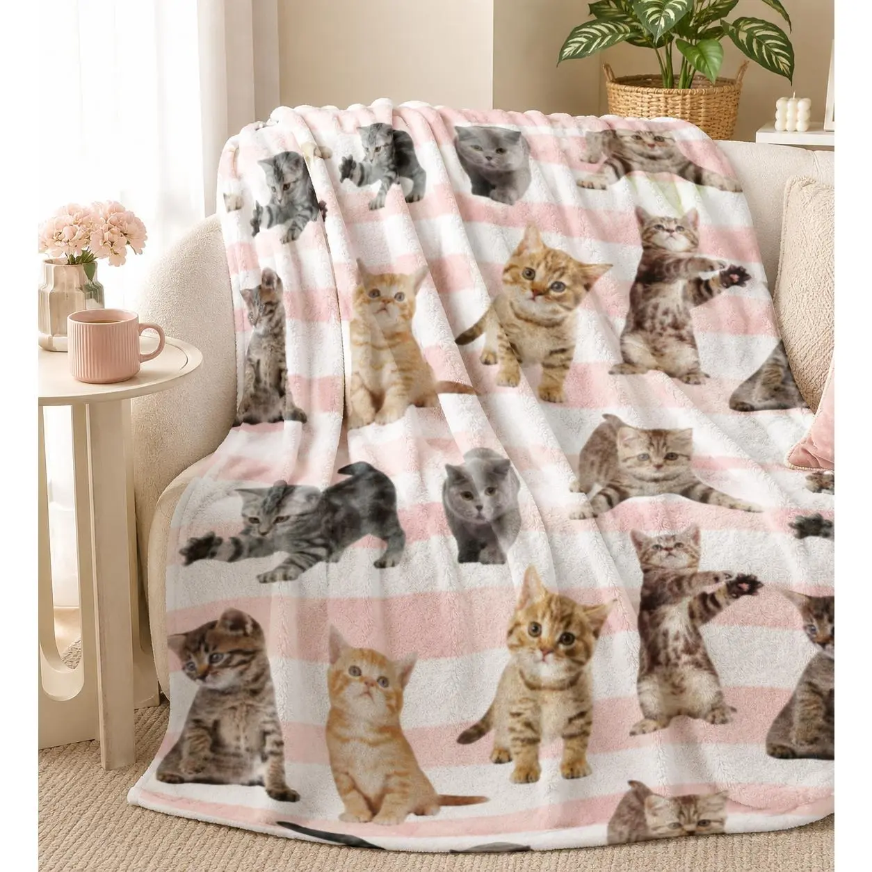 Cute Cat Flannel Fleece Blanket, Pink Striped Kitten Print Throw Blanket, Soft Lightweight Cozy Blanket for Bed Sofa Couch, Cat Lover Gift, Cute Home Decor for Women Girls Kids