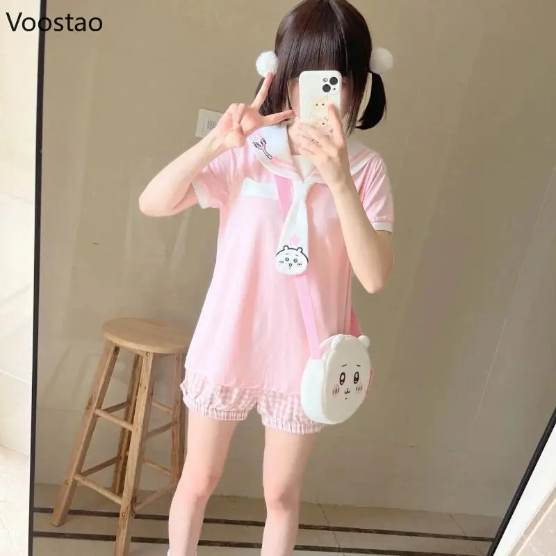 Japanese Sweet Lolita T-shirt Women Cute Sailor Collar Cartoon Print Kawaii Loose Tops Y2k Aesthetic Girls Harajuku Fairy Tees