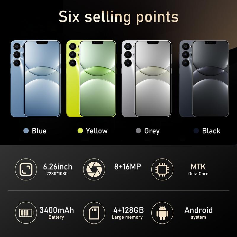 FUFFI 6.26 Inch Smartphone, 1 Count 128GB ROM 4GB RAM Android Cell Phone with 8+16MP Camera, 4G Network, Dual SIM, Octa-core Android Phone, Mobile Phone