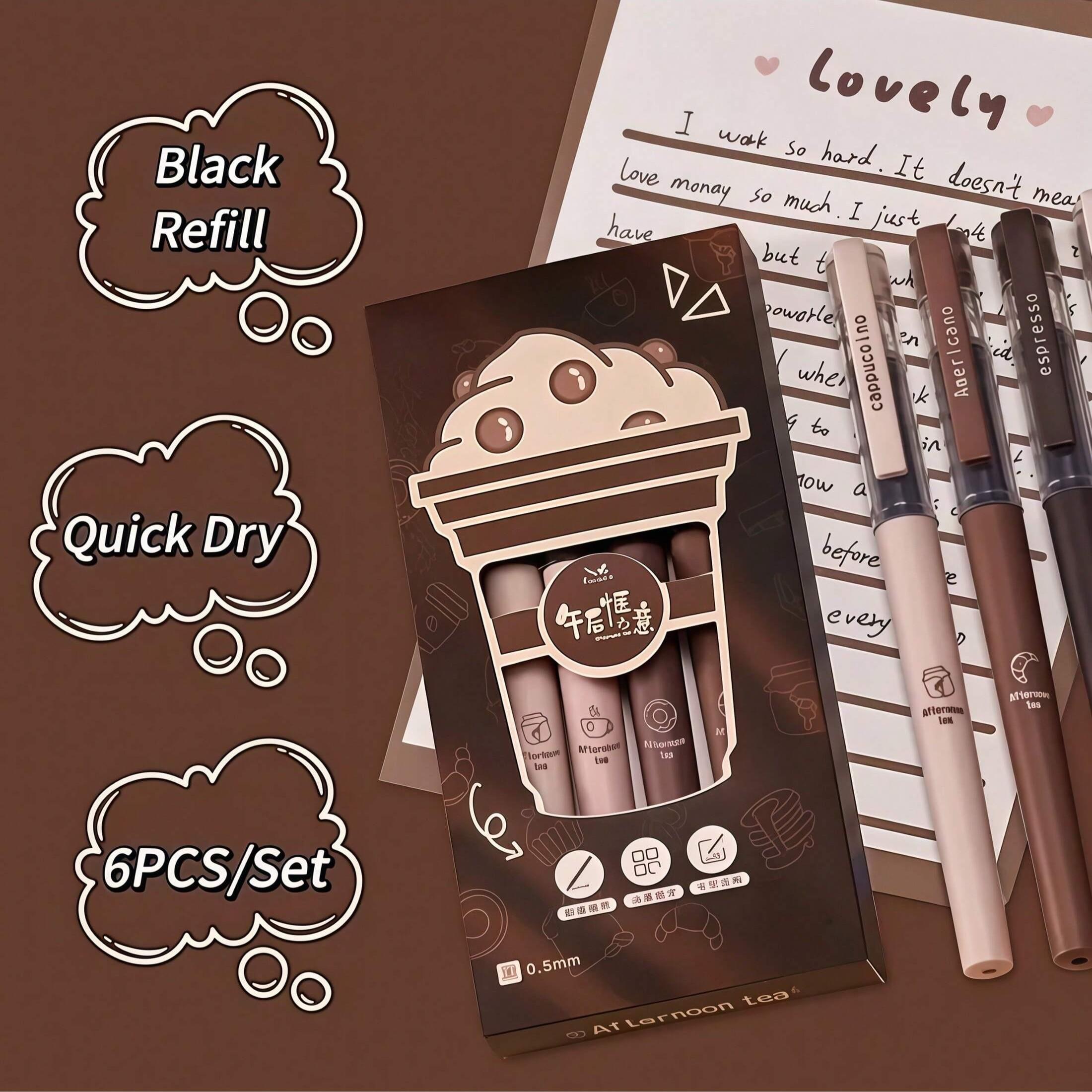 6pcs Coffee Theme Liquid Quick-Drying Ink Gel Pens, No smear Soft Touch Pens for Note taking Drawing School Office Supplies