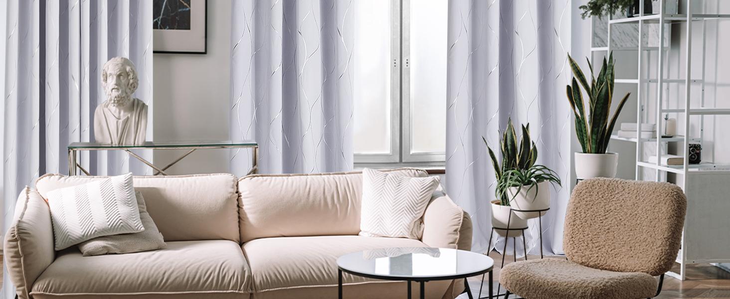 Deconovo Blackout Curtains (2 Panels, Silver|Gold Wave Print) - Thermal Insulated, Soundproof Room Home Decor Drapes for Living Room, Bedroom & Office
