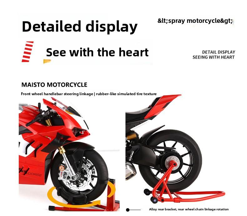 1:6 Ducati V4R electric motorcycle model, capable of starting, with flashing lights, chain-driven, rear wheel rotation, supports adding fuel to the fuel tank. It is an excellent choice for collection and gift giving.