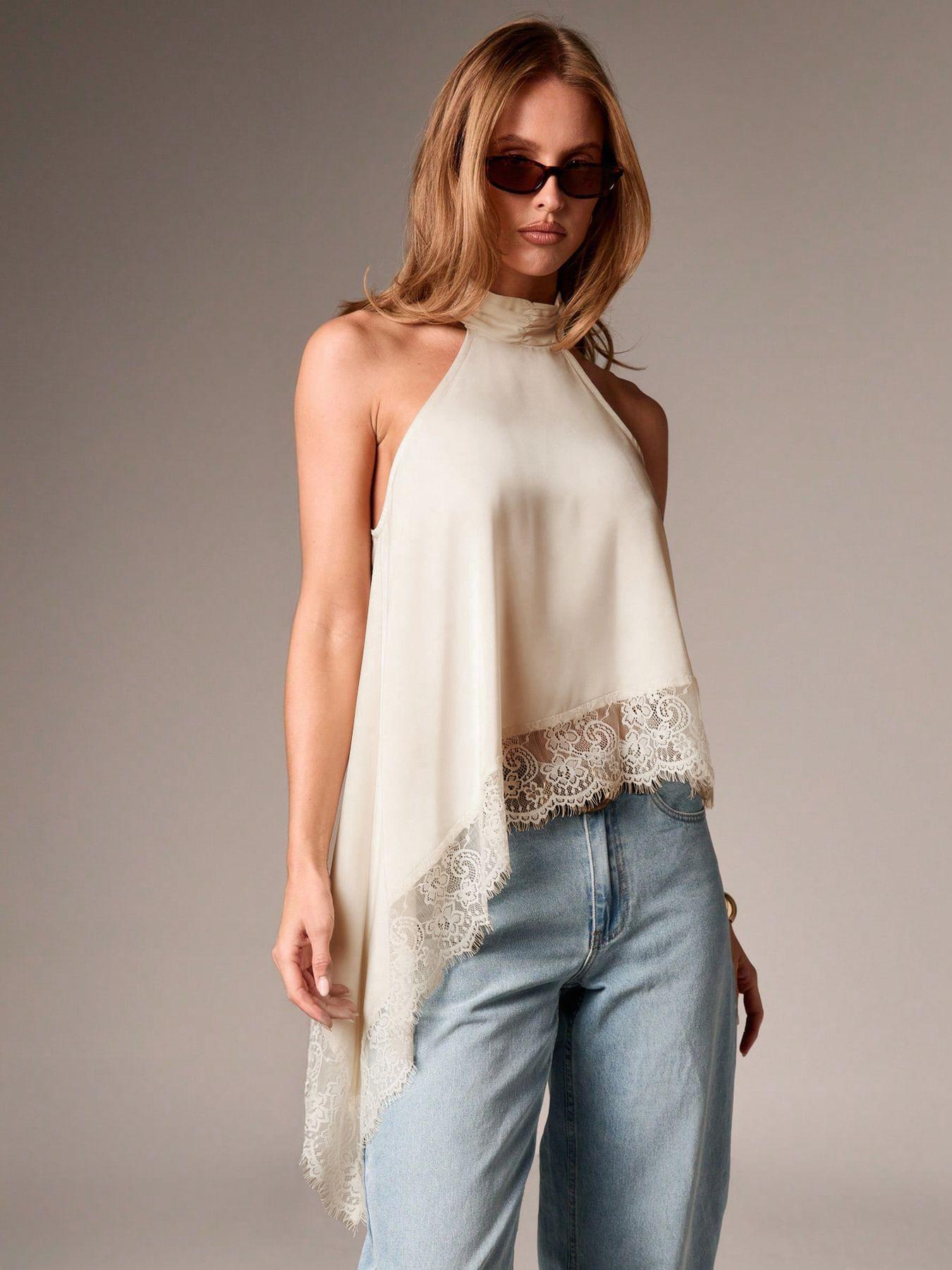 Elegant Asymmetric High Neck Satin Halter Top with Lace Trim, Sleeveless Design for Evening Parties and Formal Occasions