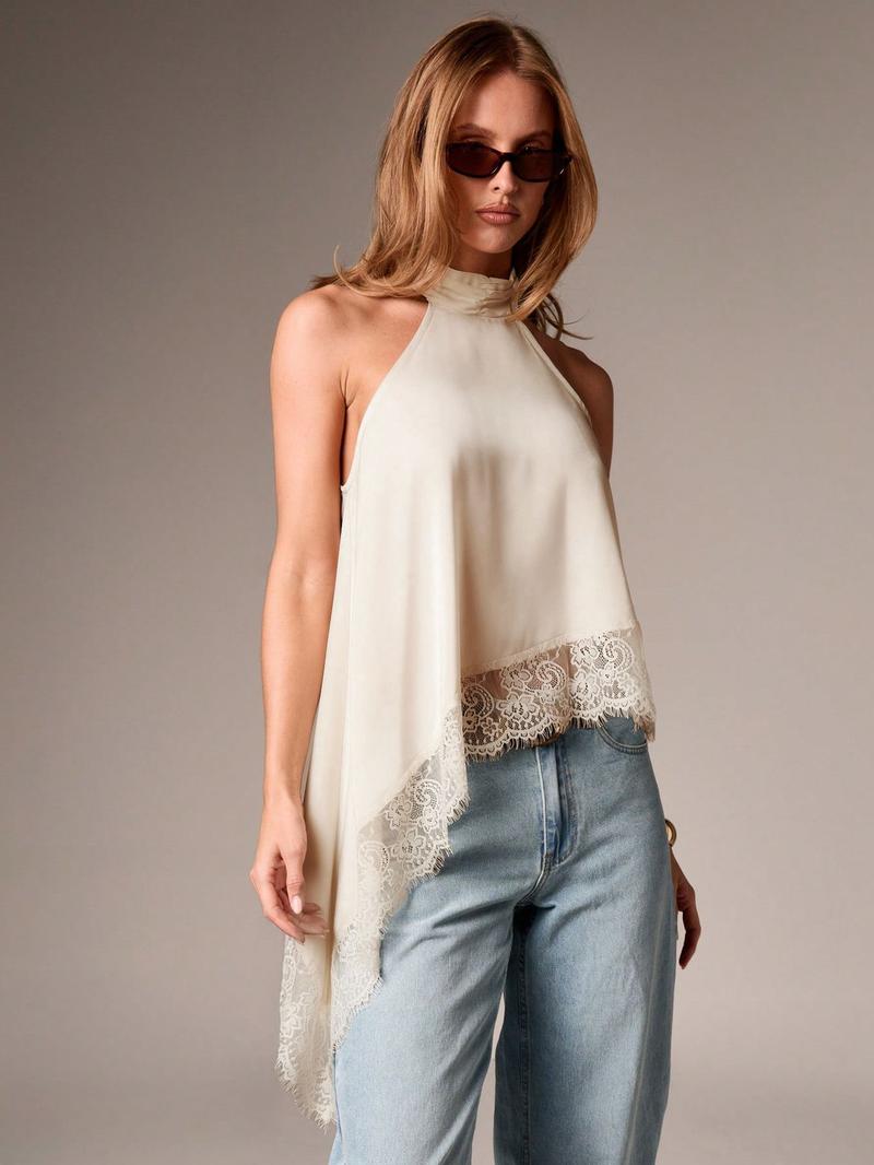 Elegant Asymmetric High Neck Satin Halter Top with Lace Trim, Sleeveless Design for Evening Parties and Formal Occasions