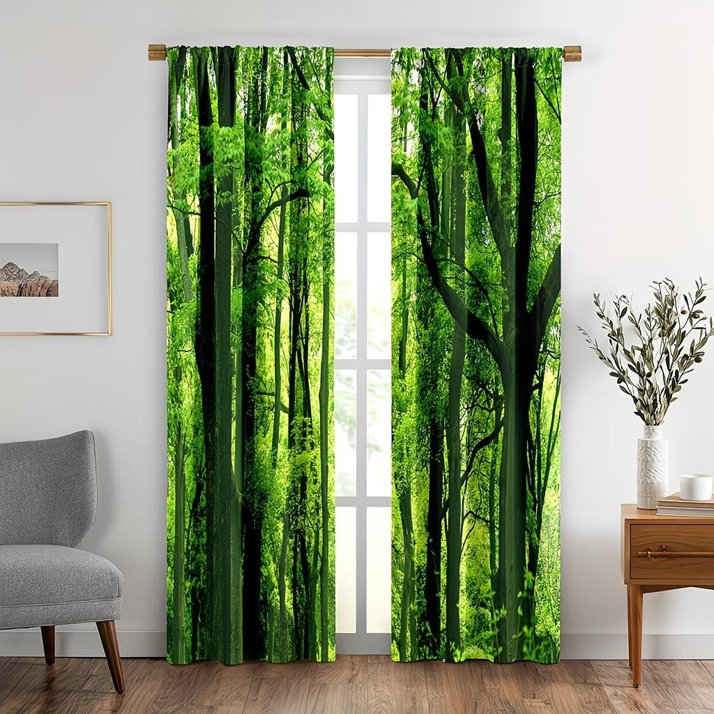 2pcs Forest Semi-Transparent Curtains with Green Trees, Jungle Branches, and Natural Scenery. Featuring a rod-hanging design, high-definition digital printing, and machine-washable fabric, these curtains are suitable for use in bedrooms and living rooms.