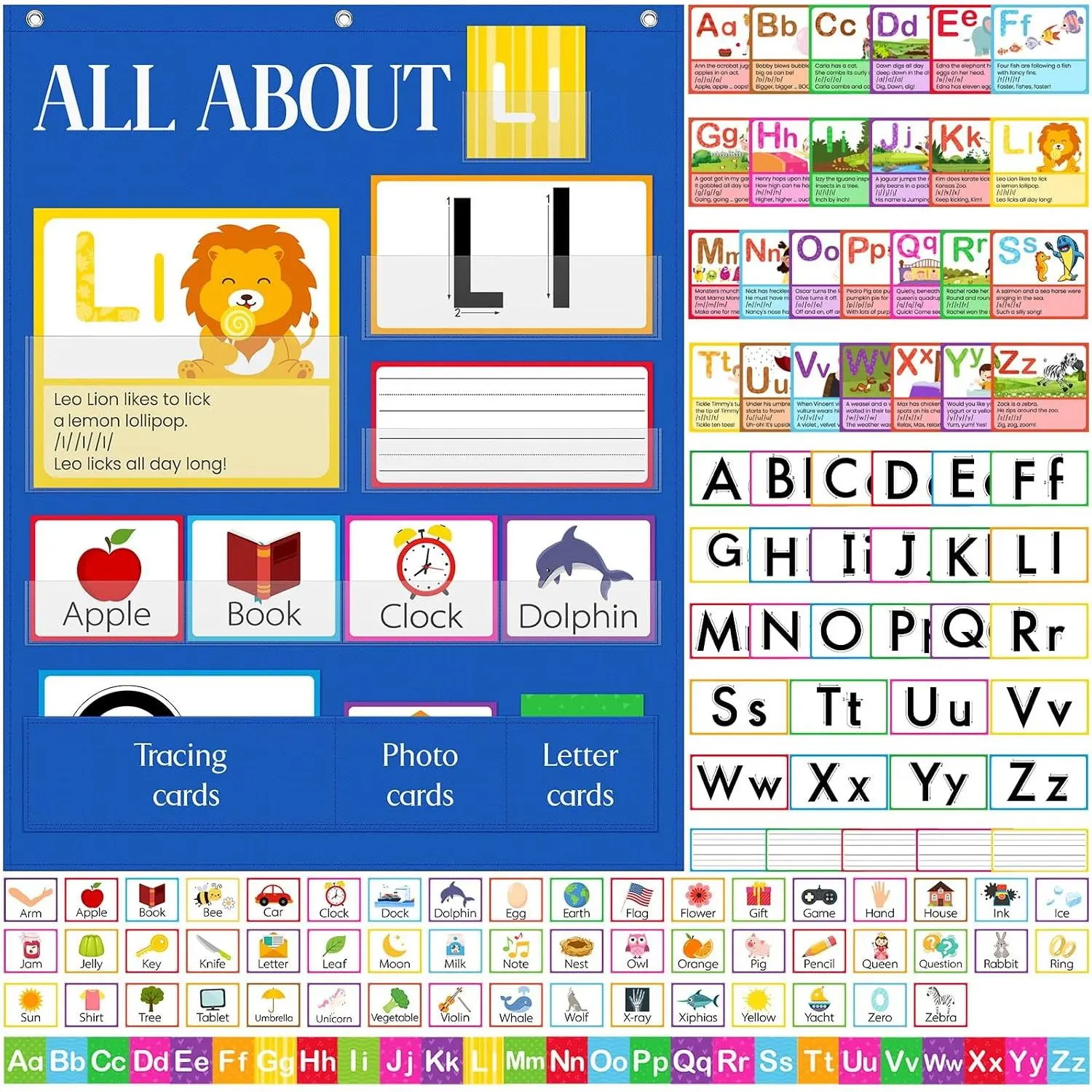 34" x 27"  About Letters Chart Alphabet Learning Pocket Chart Letter of The Day/Week Activity Wall Alphabet Card for Homeschool   (Blue,Oxford Cloth,Cute)
