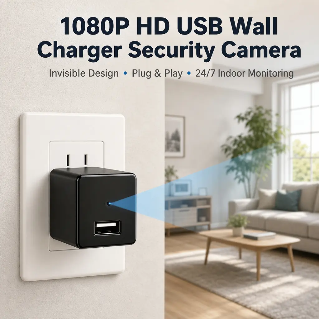 USB Wall Charger Security Camera, 1080P HD Home Surveillance Cam with 120° Wide‑Angle, Motion Detection & Loop Recording for Indoor Monitoring