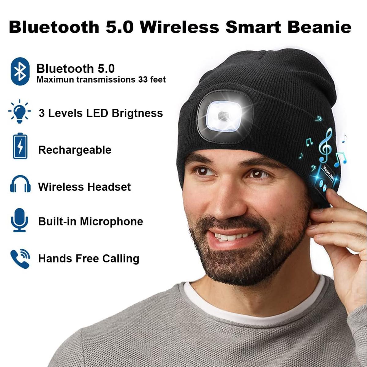 Bluetooth Beanie with LED Headlight and Removable Speaker, USB Rechargeable warm Hat LED Hat for Music and Calling, sport,outdoor,Unisex Birthday Gift