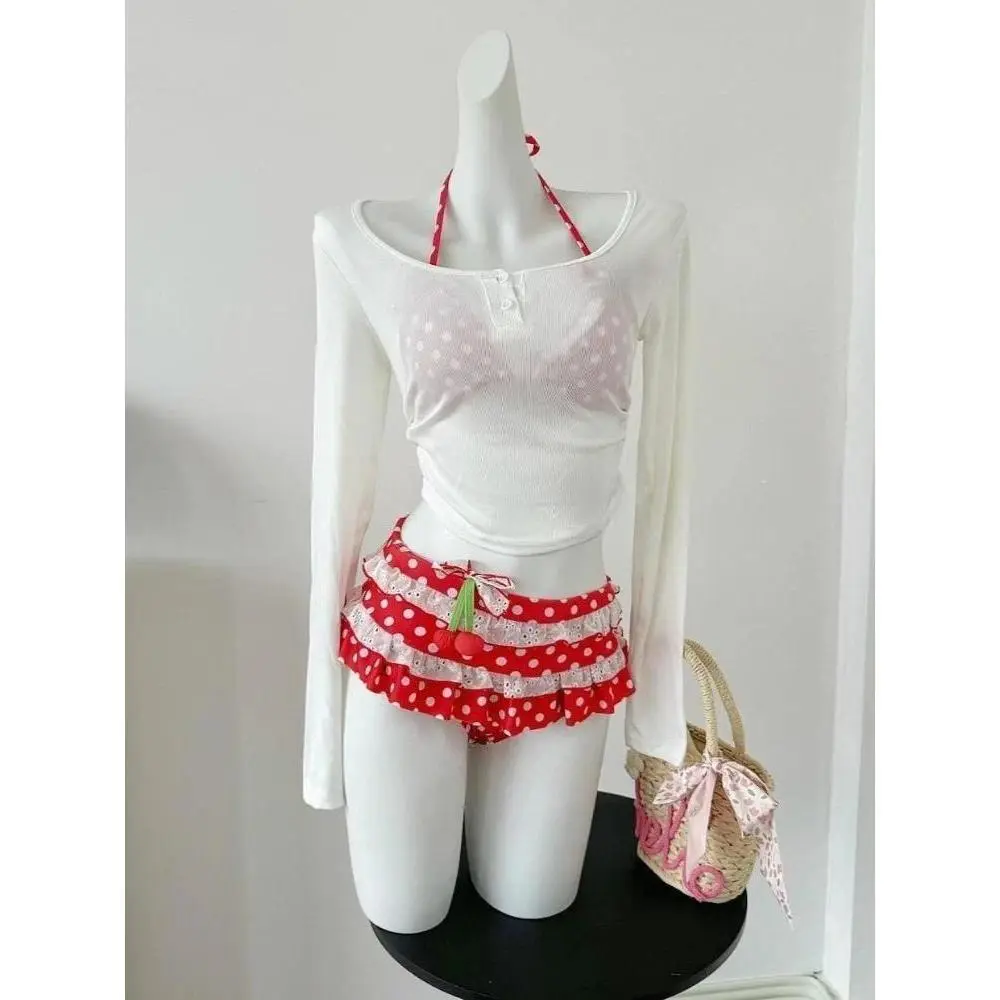 2026 Swimwear Kawaii Women Japanese Sweet Bikini New Beach Style Sexy Lace-up Splicing Vintage Y2k Beachwear Holidays Swimsuit