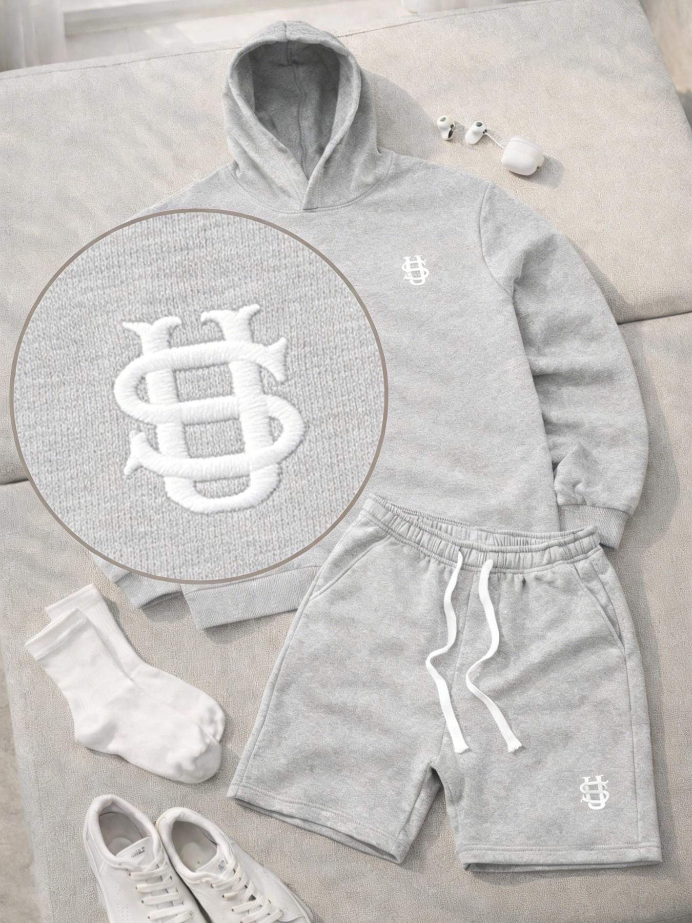 Men's 2-Piece Heavyweight Hooded Tracksuit, Oversized Embroidered Loungewear Set, Sweat Shorts, Streetwear Essential for Summer