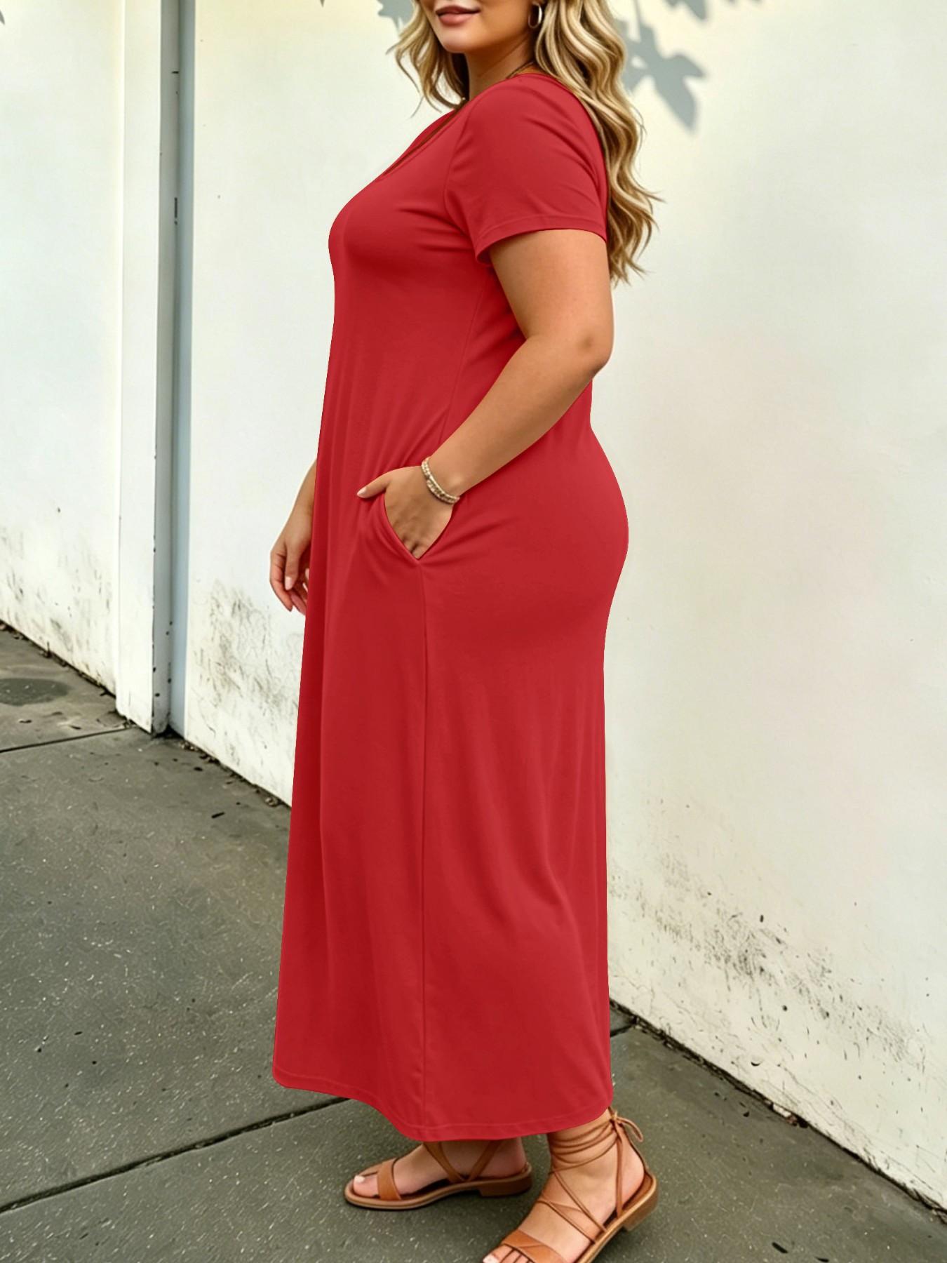 Plus Size Solid Color Loose Maxi Dress, Short Sleeve, Round Neck, Side Pockets, Curvy Daily Wear, Tummy Hiding