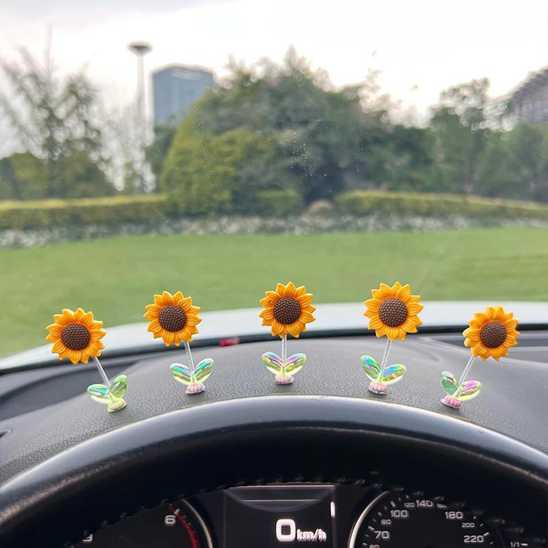 Sunflower Design Car Ornament, 5pcs Cute Car Dashboard Decoration, Car Interior Decoration Accessories for Women & Girls, Girly Car Accessories, Car Trinkets, Automotive Decoration