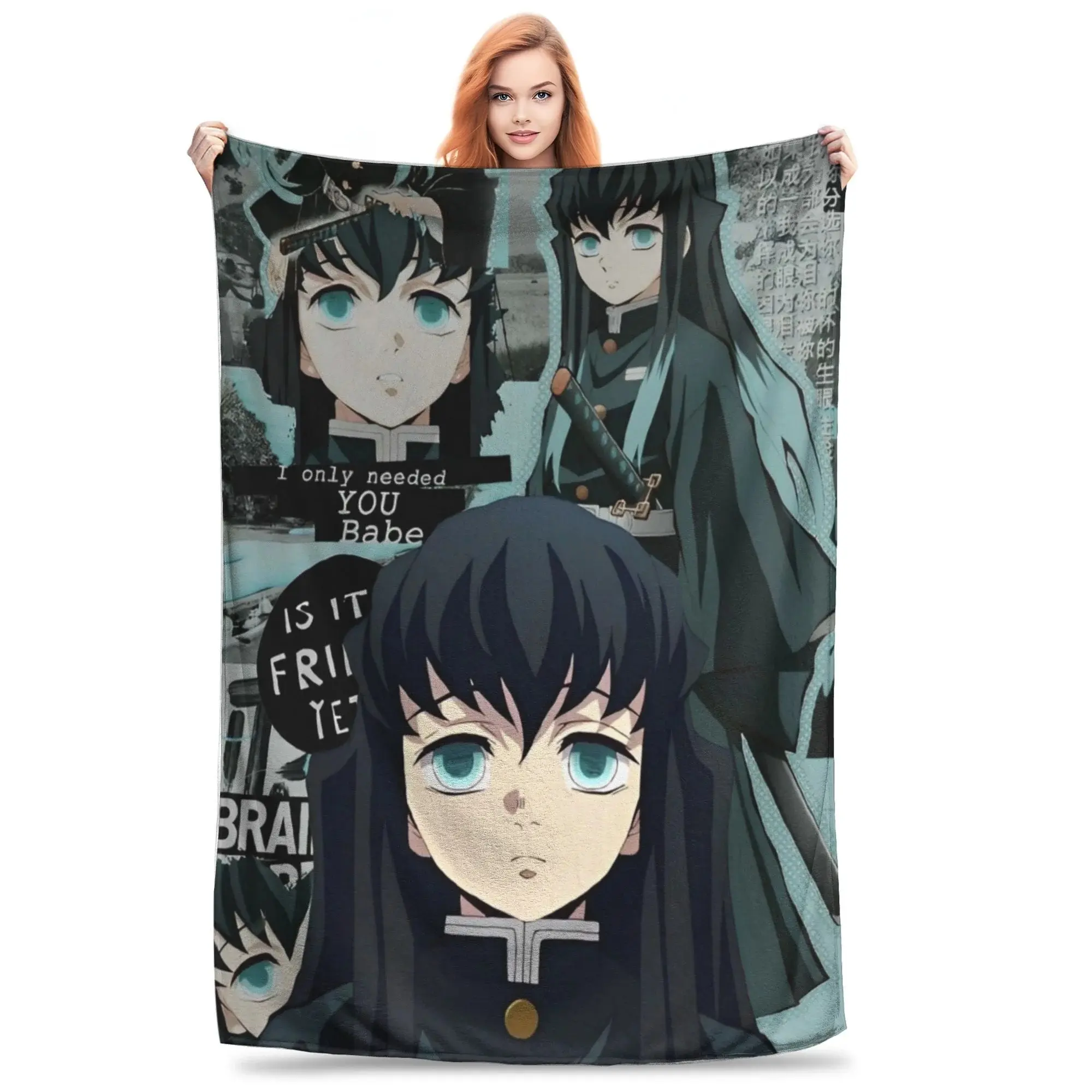 Demon Slayer Tokitou Muichirou Anime Portraits Collage Flannel Throw Blanket, Dark Teal Grey Tone Retro Aesthetic Art Print, Soft Lightweight Plush Fade-Resistant Decor for Sofa Couch Snuggle, All-Season Fan Gift