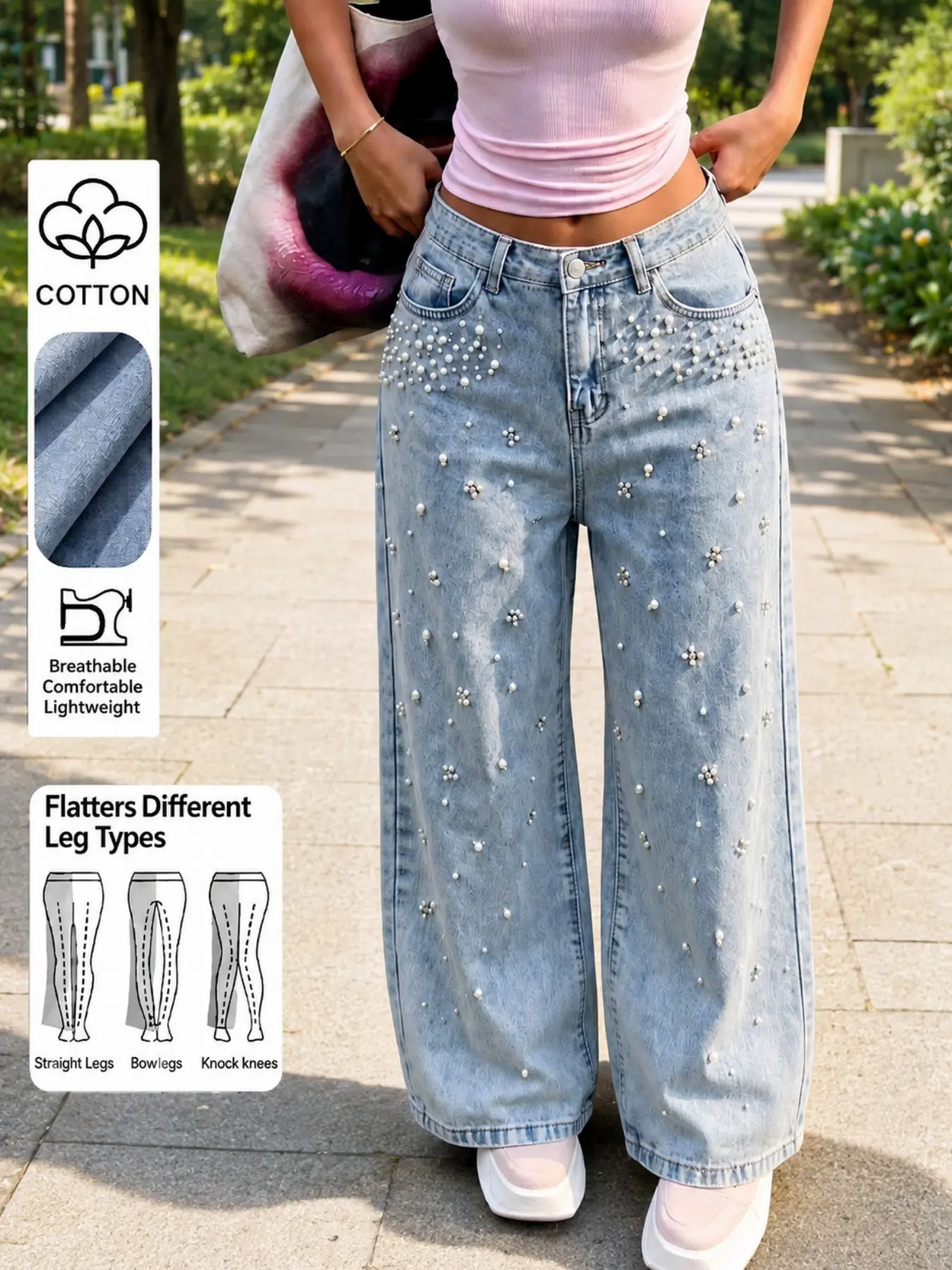 Women's Y2K High-Waisted Baggy Loose Jeans, Washed Casual Long Pants, Pearl Embellished, Perfect for Street, School, Fall, Music Festivals